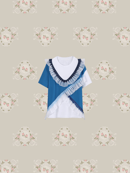 Lace Stitching Blue Top - LOVE POMME POMME