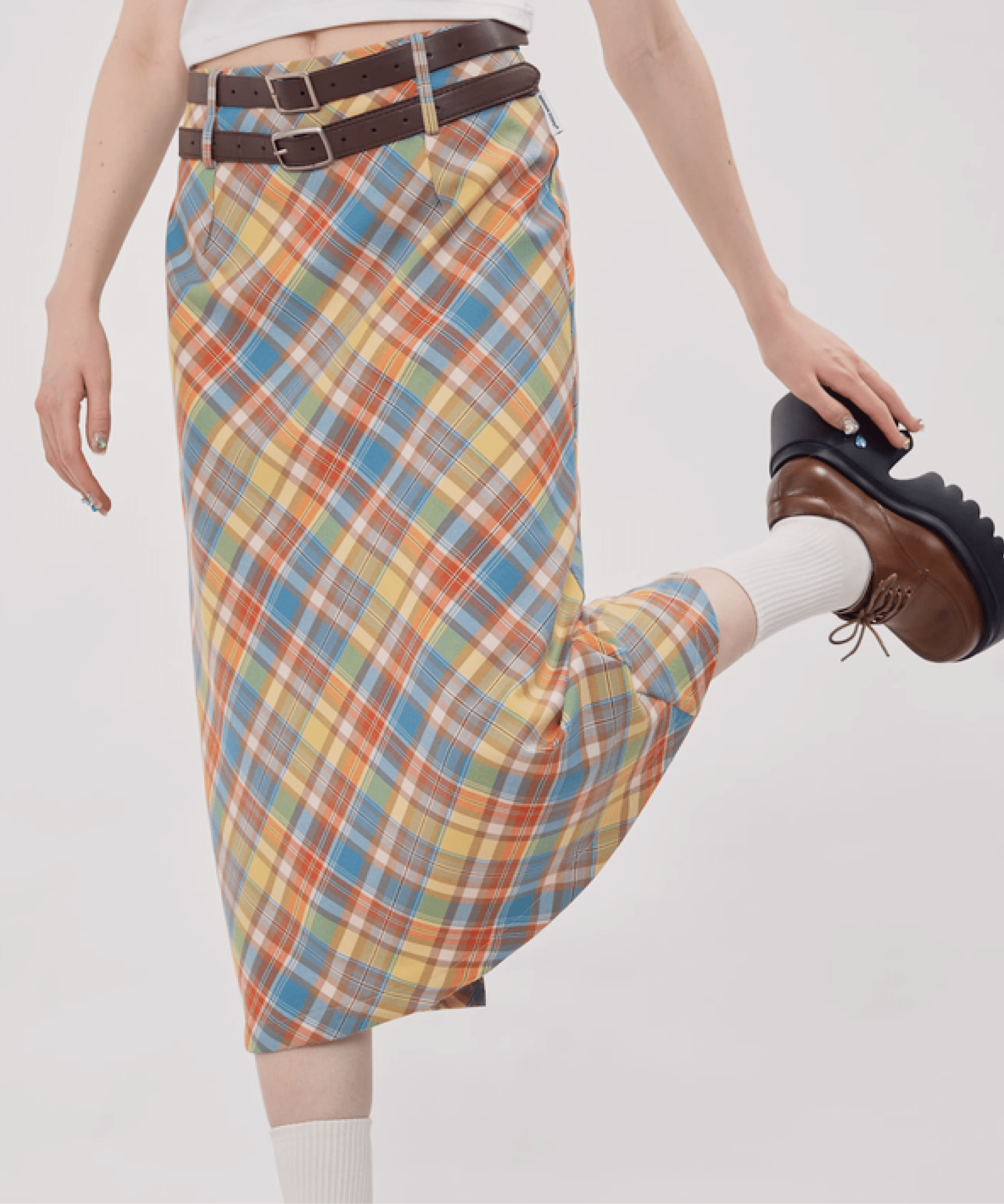 Macaron Color Plaid Skirt マカロンカラーチェック柄スカート - LOVE POMME POMME