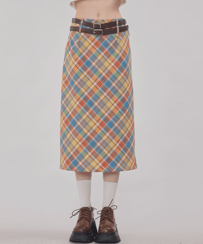 Macaron Color Plaid Skirt マカロンカラーチェック柄スカート - LOVE POMME POMME