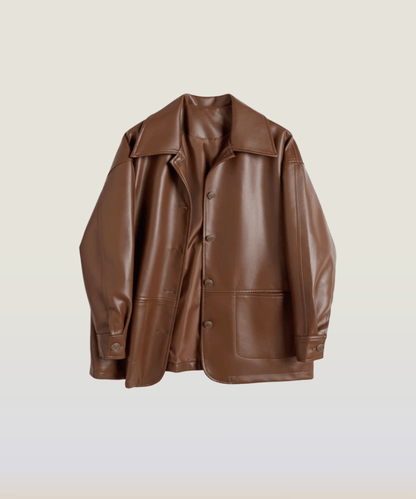 Metal Button Caramel PU Jacket - LOVE POMME POMME