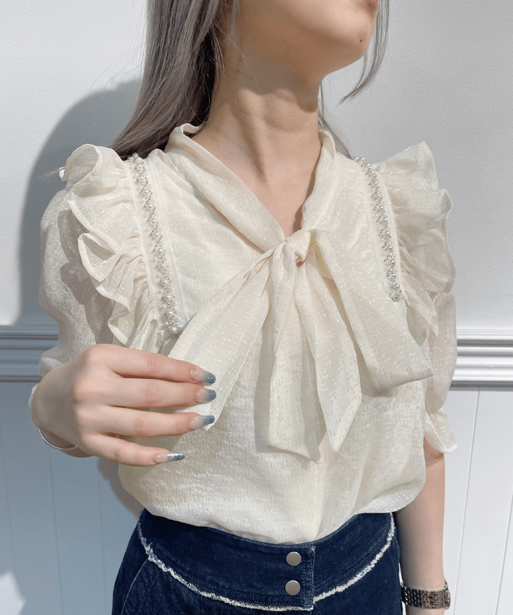 Pearl Deco Sheer Ribbon Blouse パールデコシアーリボンブラウス - LOVE POMME POMME