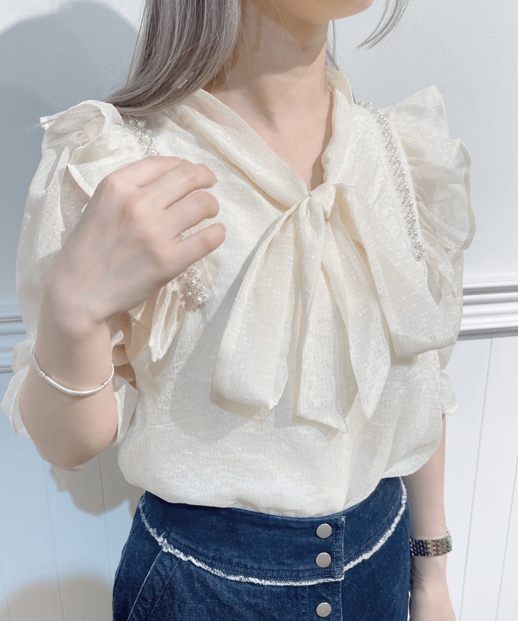 Pearl Deco Sheer Ribbon Blouse パールデコシアーリボンブラウス - LOVE POMME POMME