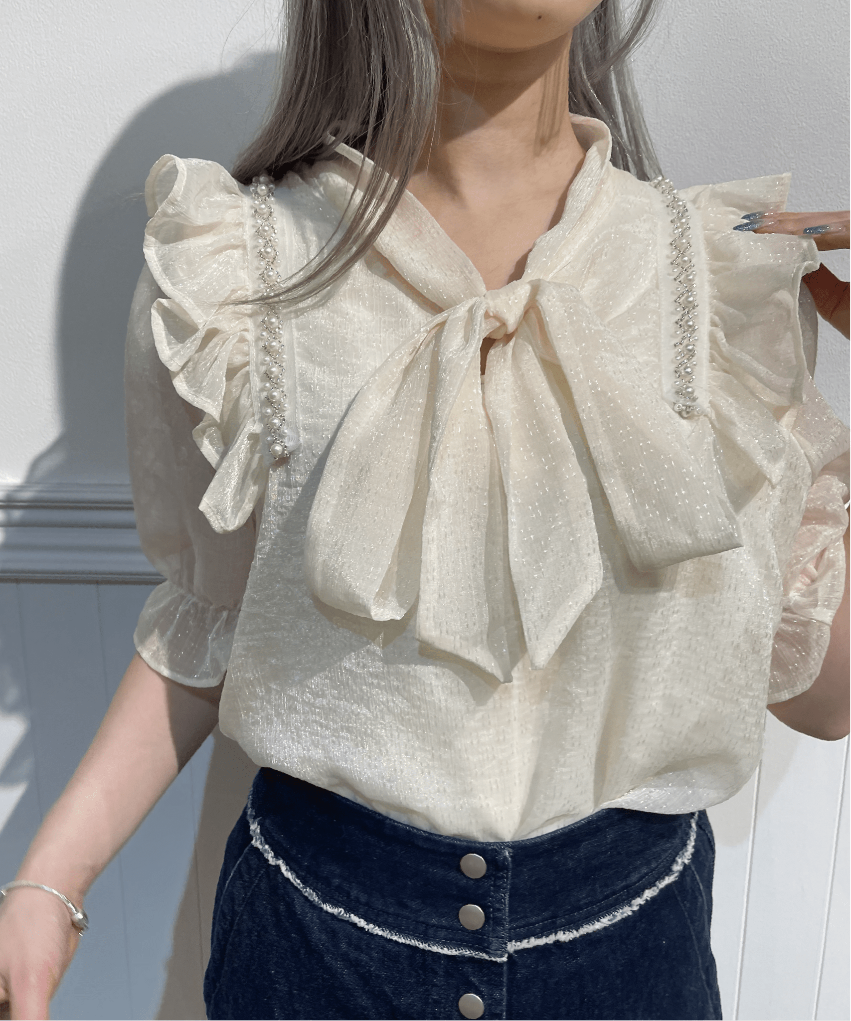 Pearl Deco Sheer Ribbon Blouse パールデコシアーリボンブラウス - LOVE POMME POMME
