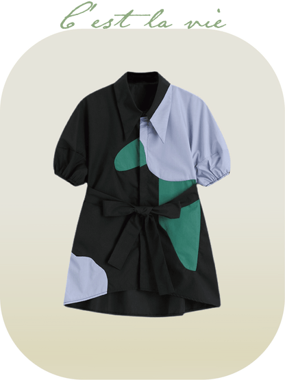Puff Sleeve Color Block Shirt - LOVE POMME POMME