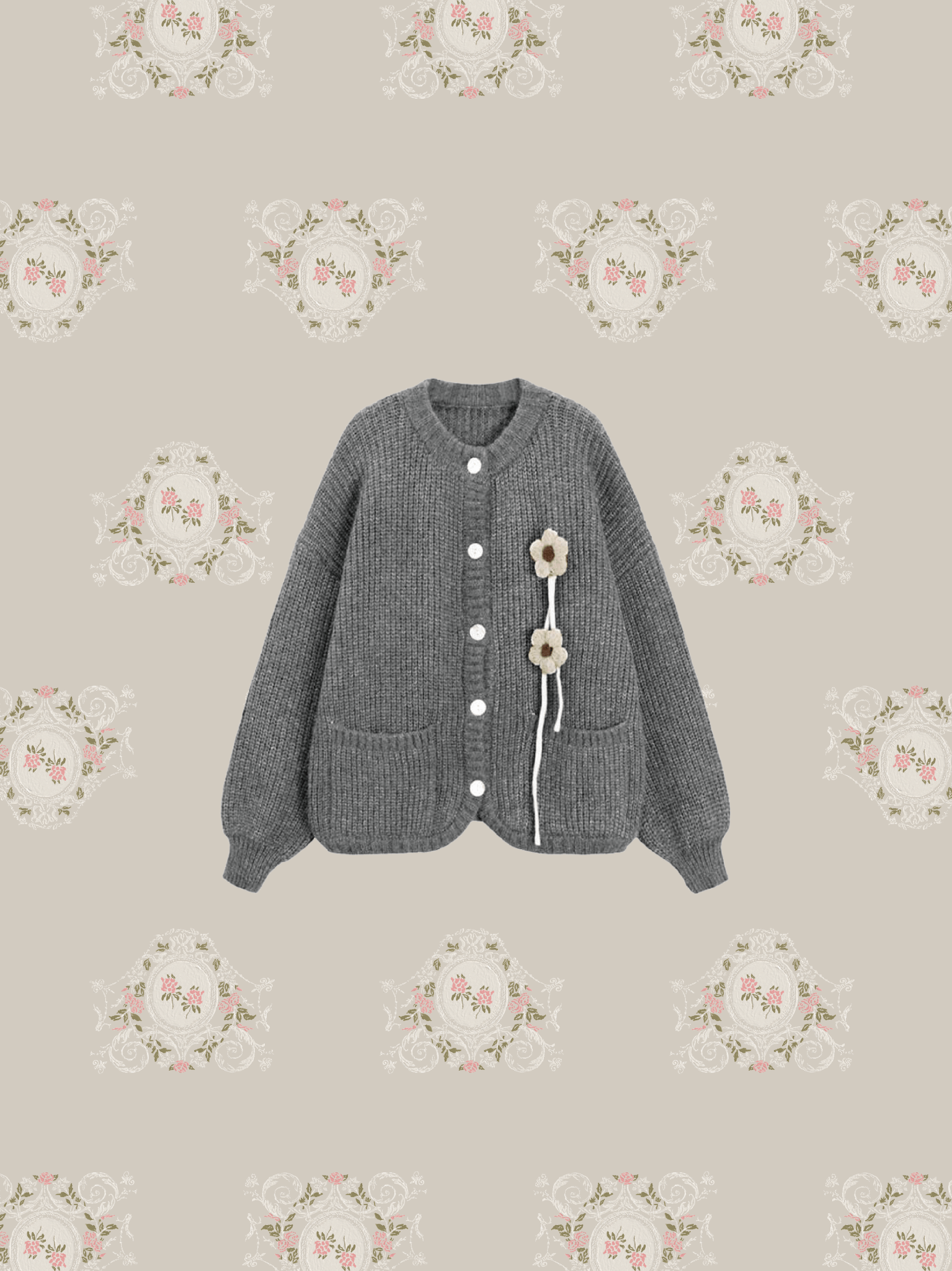 Round Collar Flower Decorate Cardigan - LOVE POMME POMME