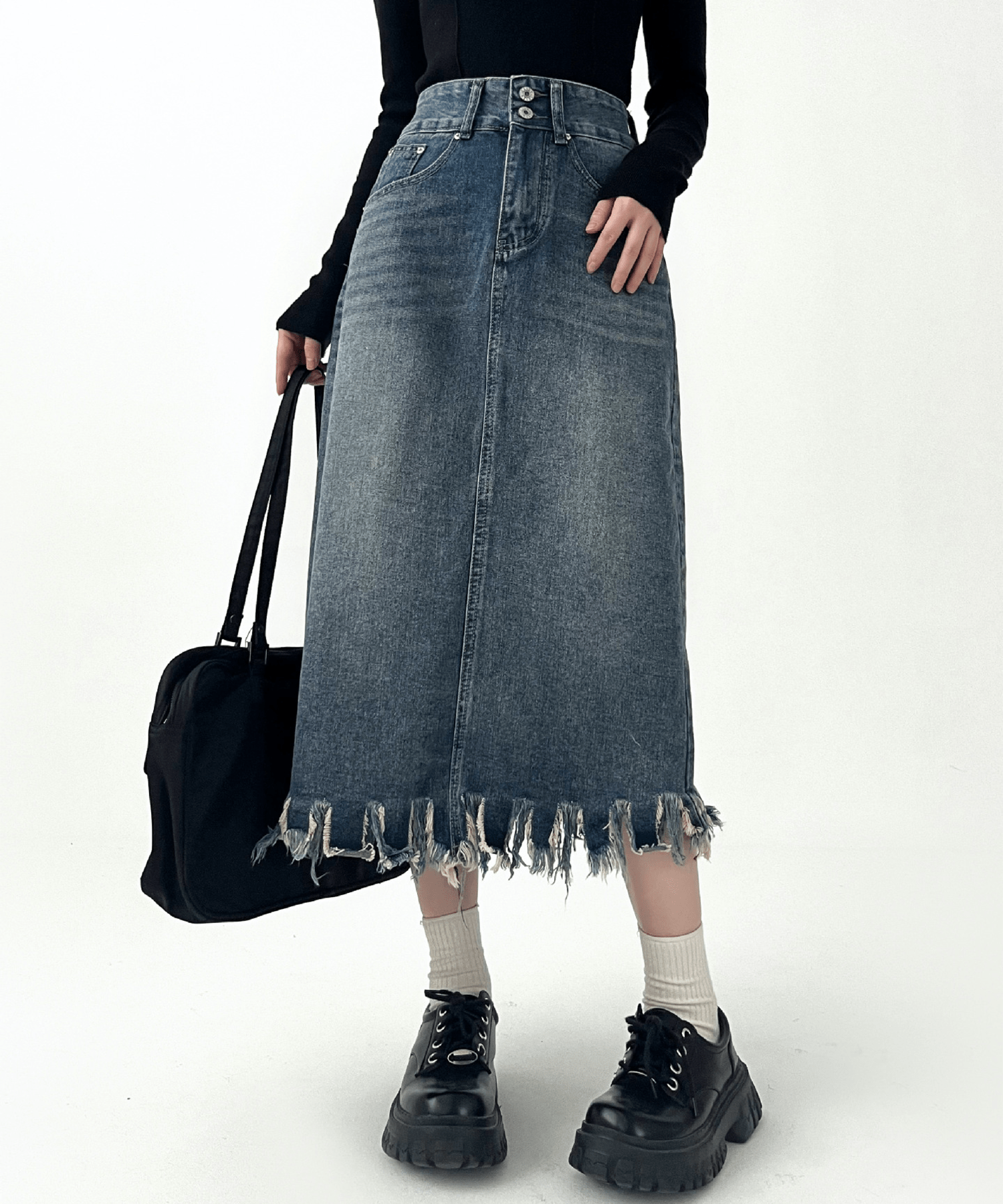 Semi Tight Damage Denim Skirt - LOVE POMME POMME