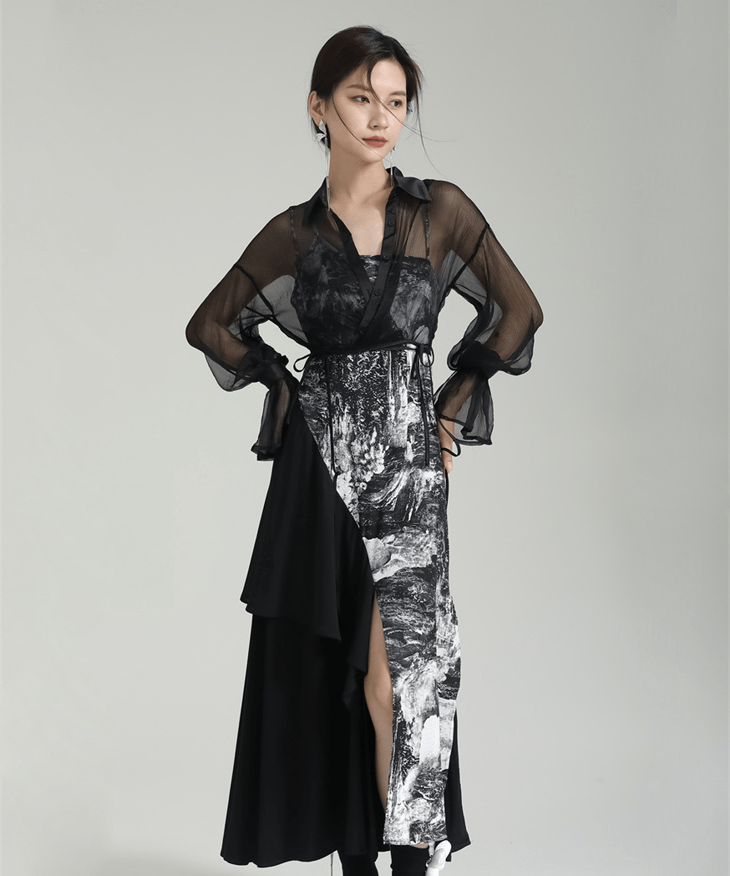 Shirring Sleeve Seer Shirt & Asymmetry Flare Print Camisole Onepiece - LOVE POMME POMME