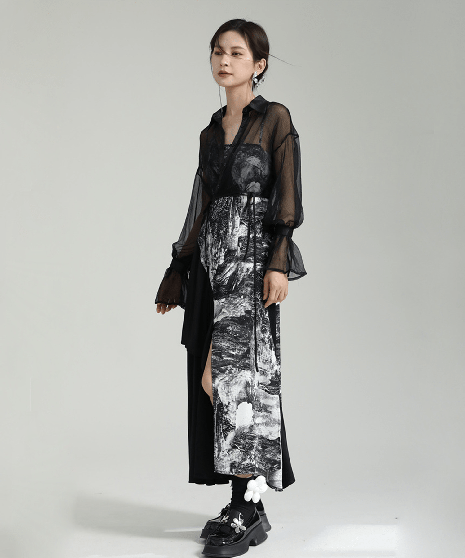 Shirring Sleeve Seer Shirt & Asymmetry Flare Print Camisole Onepiece - LOVE POMME POMME