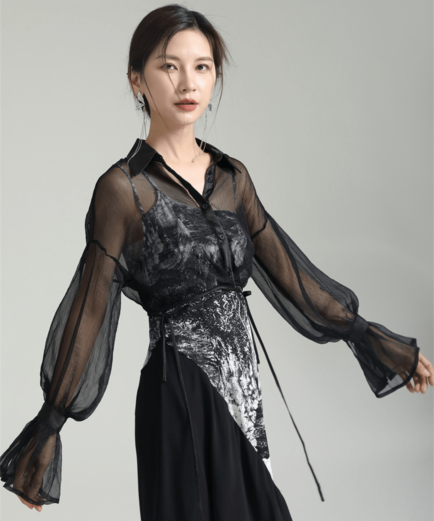 Shirring Sleeve Seer Shirt & Asymmetry Flare Print Camisole Onepiece - LOVE POMME POMME