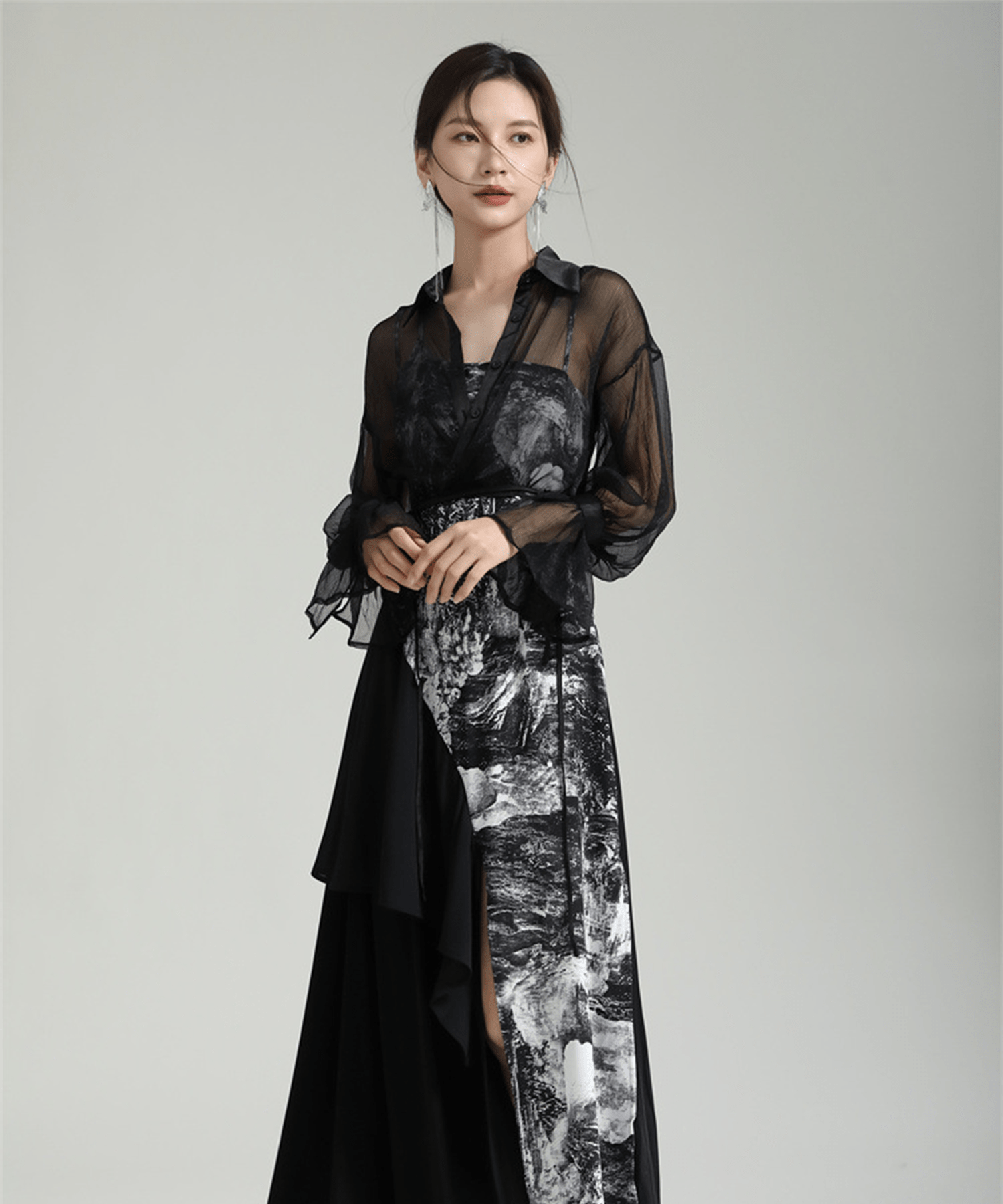 Shirring Sleeve Seer Shirt & Asymmetry Flare Print Camisole Onepiece - LOVE POMME POMME