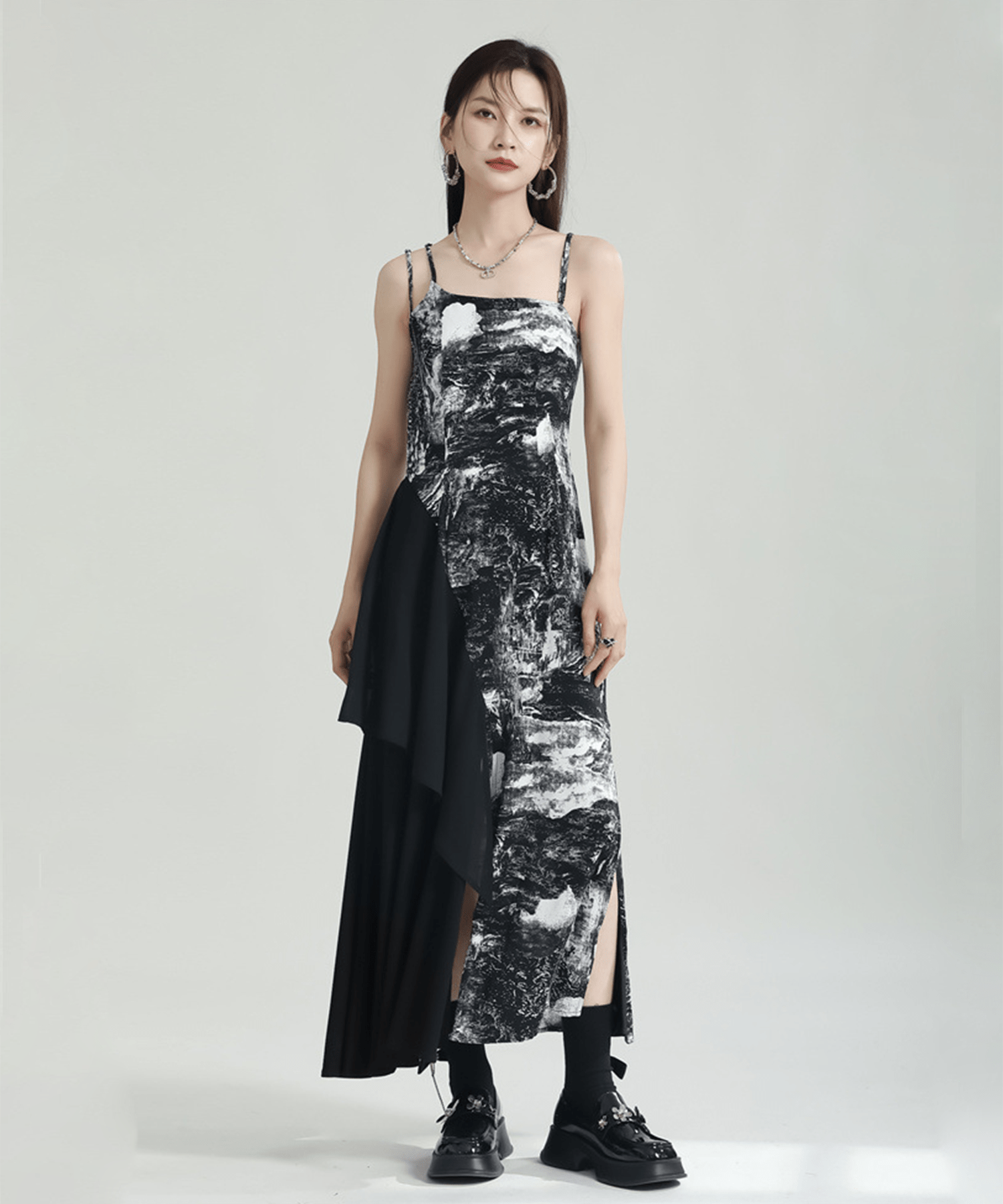 Shirring Sleeve Seer Shirt & Asymmetry Flare Print Camisole Onepiece - LOVE POMME POMME