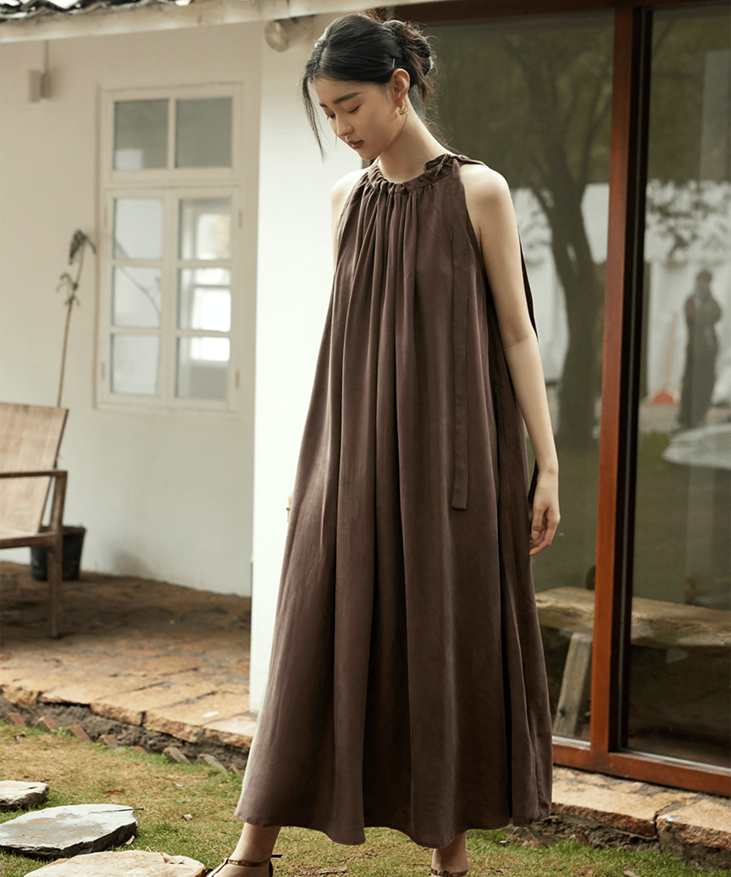 Sleeveless Shirring Long Onepiece - LOVE POMME POMME