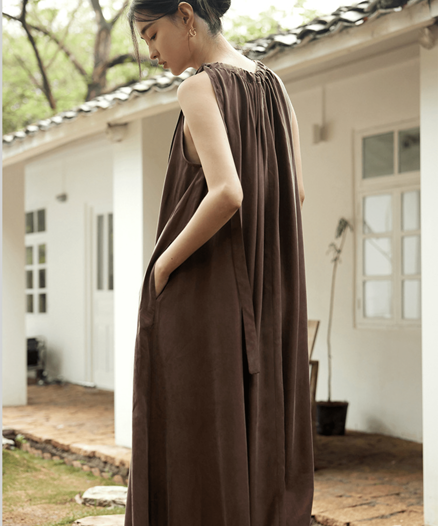 Sleeveless Shirring Long Onepiece - LOVE POMME POMME