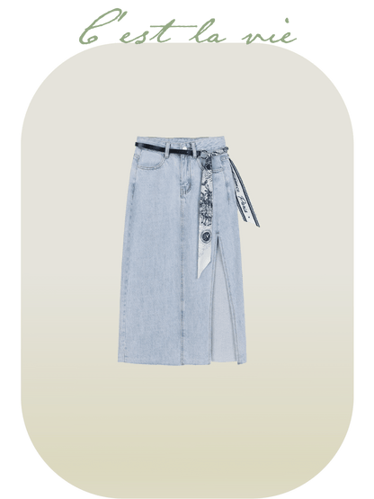 Slit Denim Skirt With Belt - LOVE POMME POMME