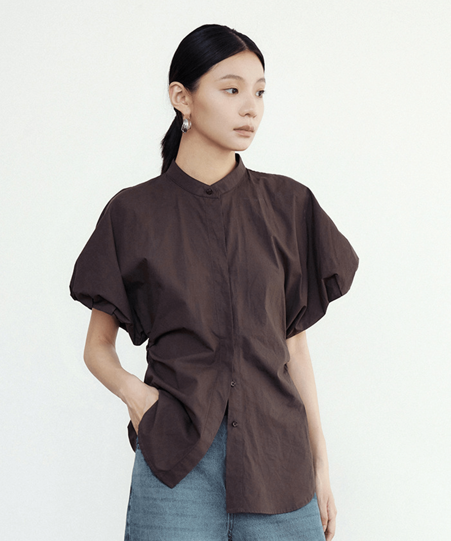 Stand Collar Puff Sleeve Blouse - LOVE POMME POMME