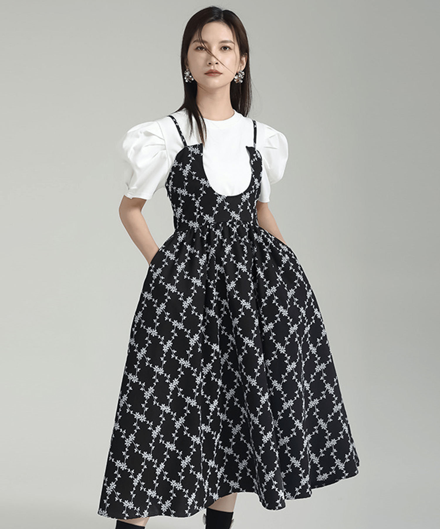 Tuck Puff Sleeve T-shirt & Cut Out Flower Camisole Onepiece - LOVE POMME POMME